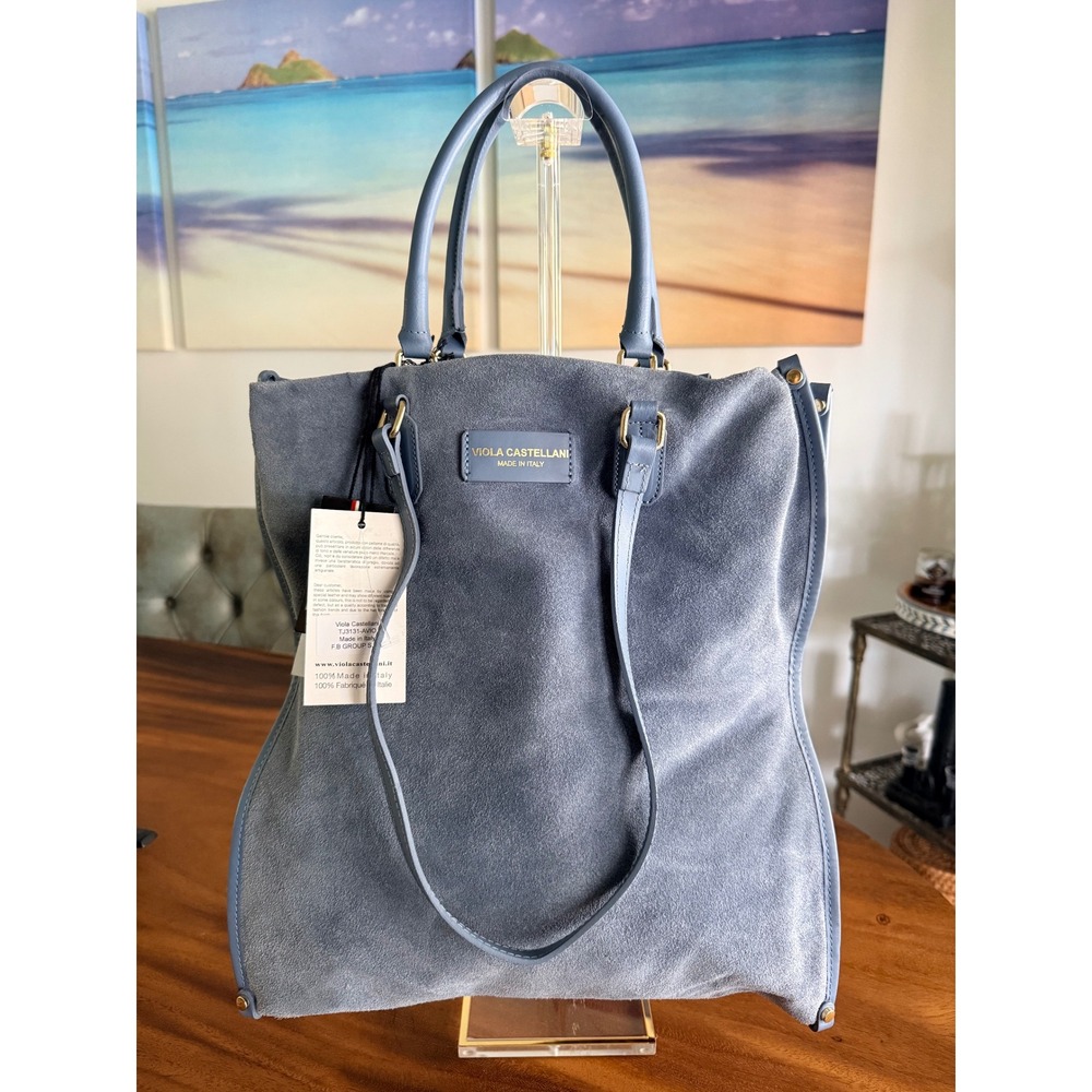 Viola Castellani Blue Suede Leather Tote Bag Made in Italy TJ3131-AVIO NWT